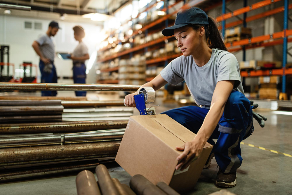 female-warehouse-worker-taping-cardboard-box-with-tape-dispenser-before-shipment